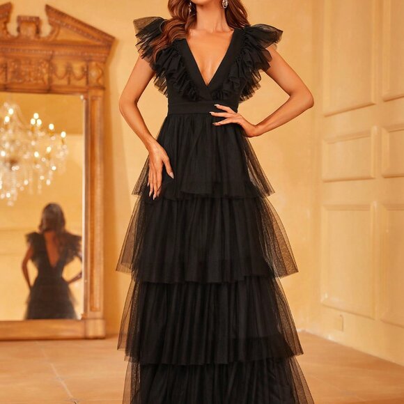 Black Elegant Women's Deep V-Neck Ruffled Flared Sleeves Evening Gown - Picture 5 of 6